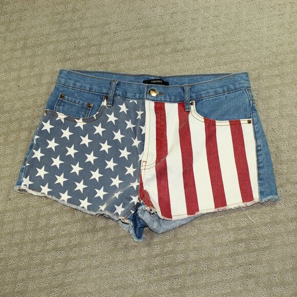 Forever 21 USA Flag Front Fray Cuffed Cotton Blue Jean Shorts Size 29 - Picture 1 of 4